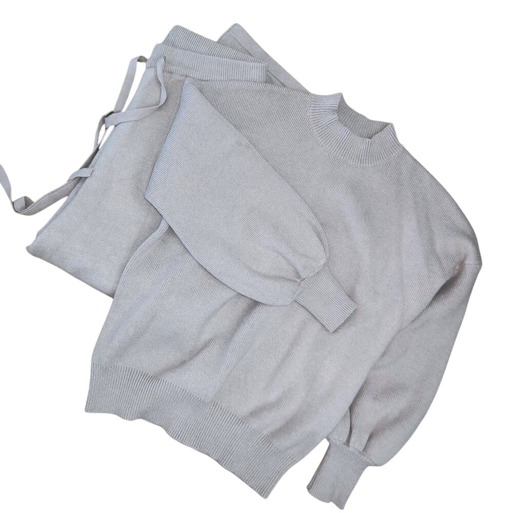 EUC Zesica Beige Sweater Bell Sleeve Top And Wide Leg Pant Set Sz L